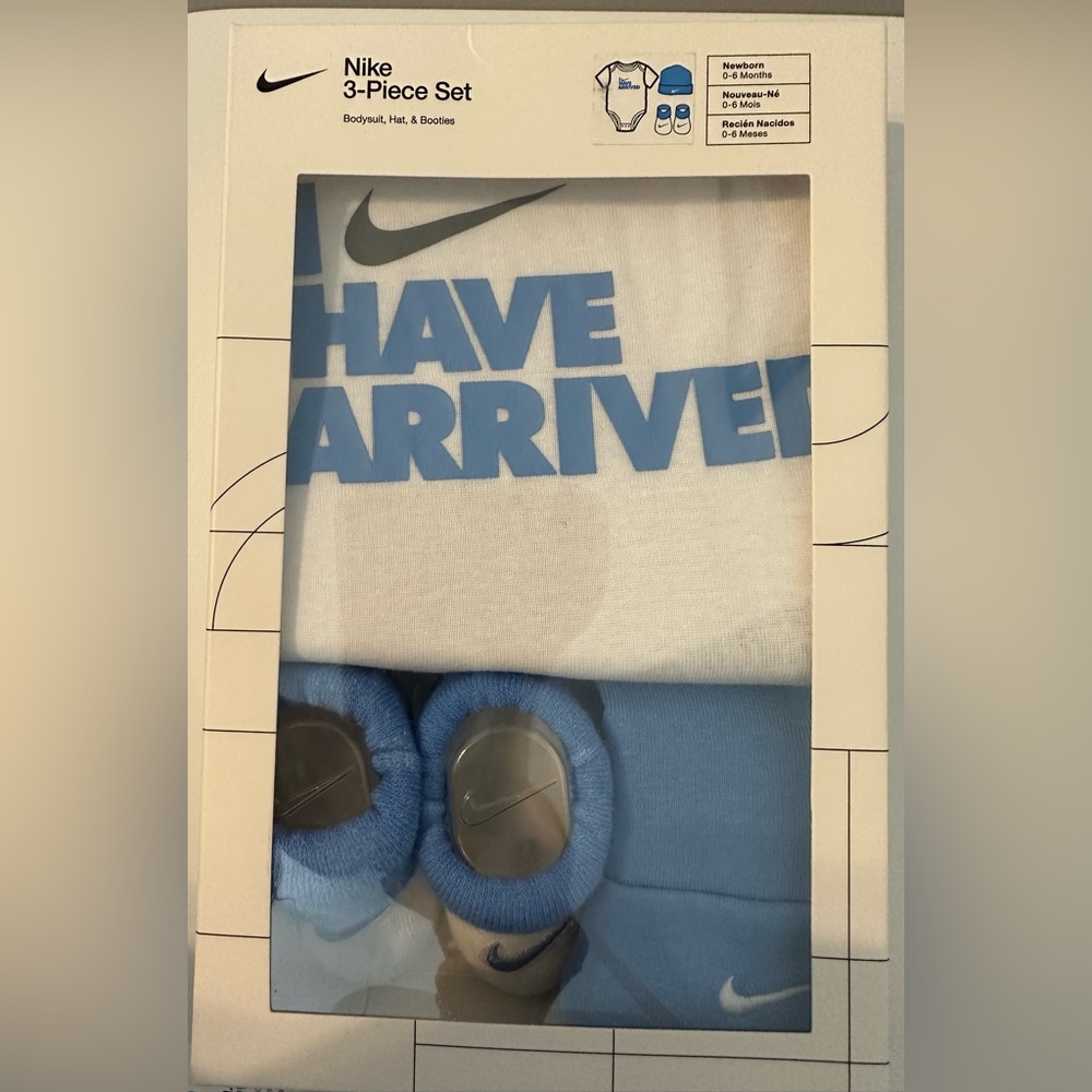 Nike three piece set, white and blue, 0-6 months